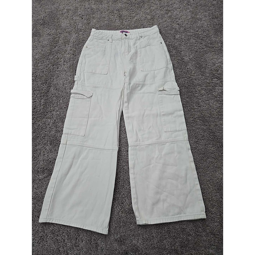 Edikted Cargo Pants Womens M White Denim High Rise Wide Leg Utility 90s Y2k